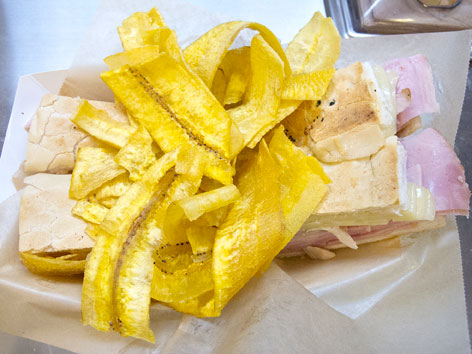 Delicious Cuban sandwich and plantain chips from Latin American Grill in Marlins Park, Miami
