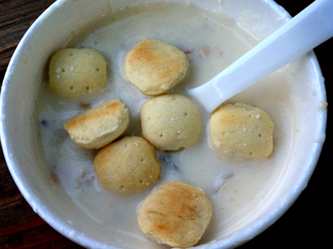 Clam chowder with oyster crackers from Green Pond Fish Market, East Falmouth, MA