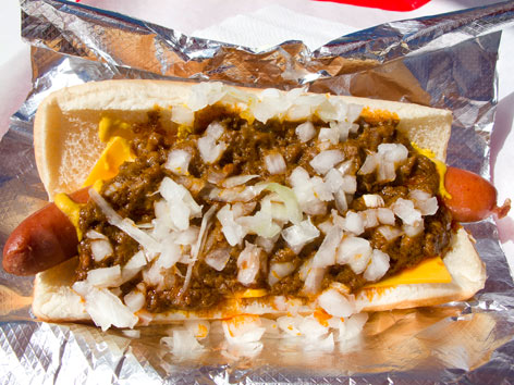Pink's legendary chili cheese dog in Los Angeles. 
