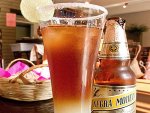 A tall glass of chelada with it's accompanying beer from La Olla in Oaxaca.
