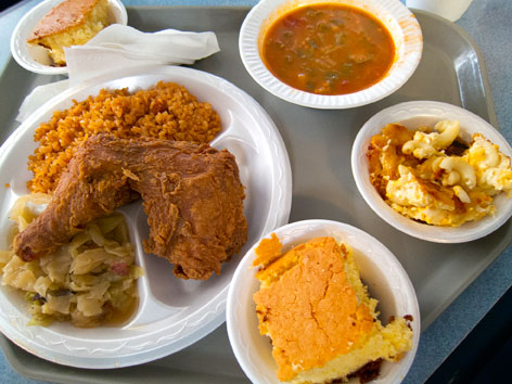 Lowcountry soul food, including fried chicken and okra soup, from Bertha's in Charleston, SC