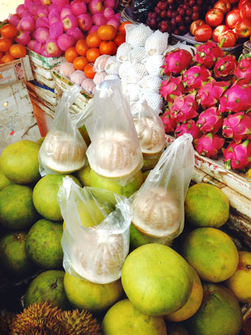 Pomelo and dragonfruit from a market in Cambodia