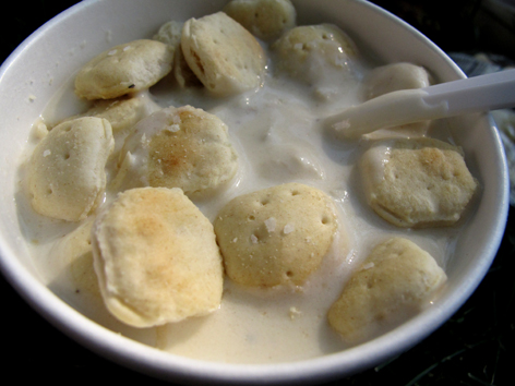 Clam chowder with oyster crackers from Larsens on Martha's Vineyard, MA