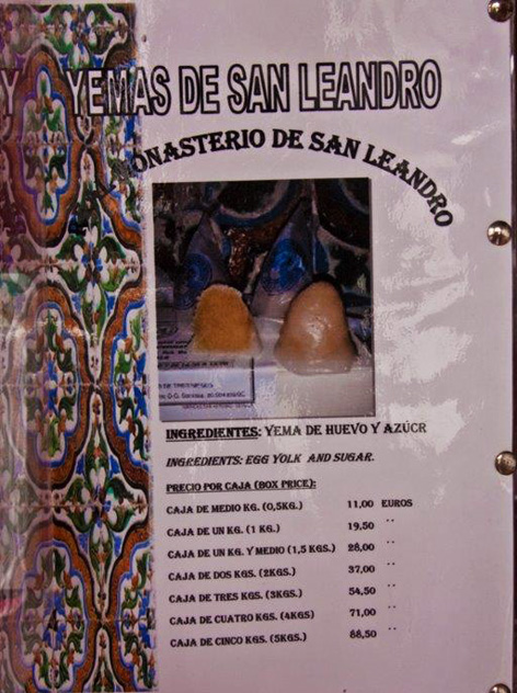Menu of sweets at the San Leandro Convent in Sevilla, Spain