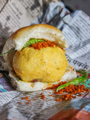 Vada pav, a typical Marathi dish with a fried potato ball in bread, as found in Mumbai