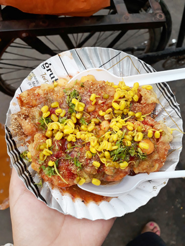 Ragda puri, a crunchy street snack, as found in Mumbai