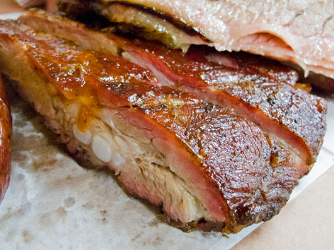 BBQ pork ribs in the Central Texas style, from Luling, TX
