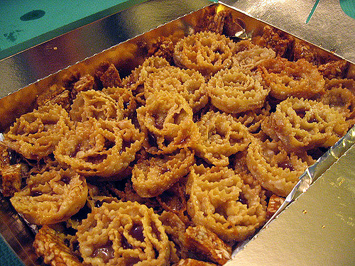 A tray of cartellate, typical Christmas sweets from Puglia, Italy