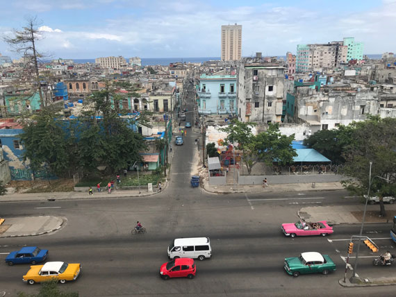 View of central Havana, Cuba, looking north toward the Malecon and Caribbean Sea.