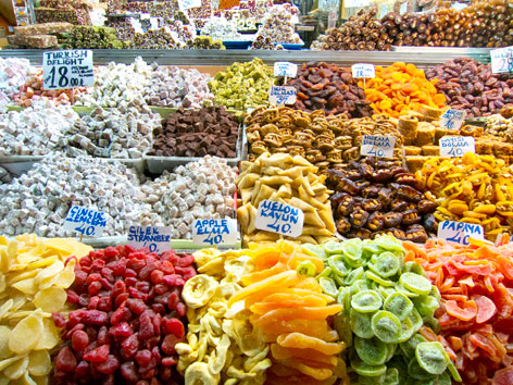 Dried fruit at the spice bazaar in Istanbul, Turkey
