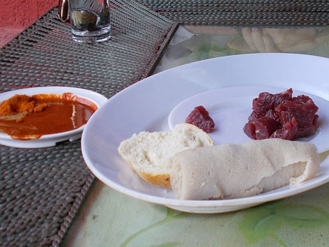 Gored gored, a raw beef dish, from Addis Ababa, Ethiopia