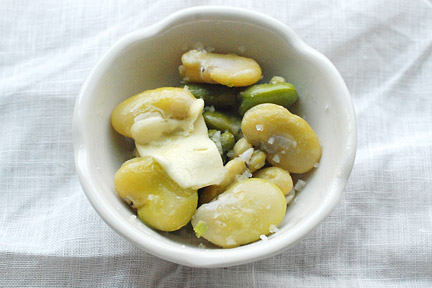 Fava beans a la croque en sel, or fava beans with butter and salt, with recipe.
