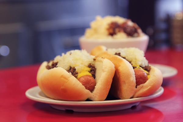 A meat chili-topped Coney dog from Virginia Coney Island in Jackson County, Michigan
