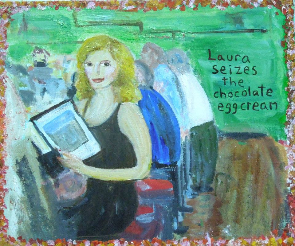 Painting of a woman sitting at a NYC lunch counter ordering egg creams, by Lisa Ferber