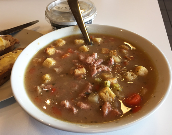 A bowl of kjotsupa, or meat soup, from a restaurant in Iceland