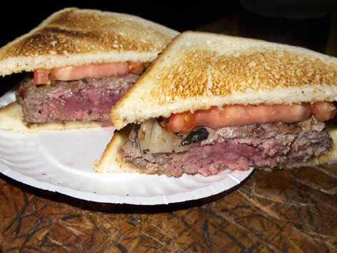 The original hamburger sandwich, from Louis Lunch, in New Haven, Connecticut