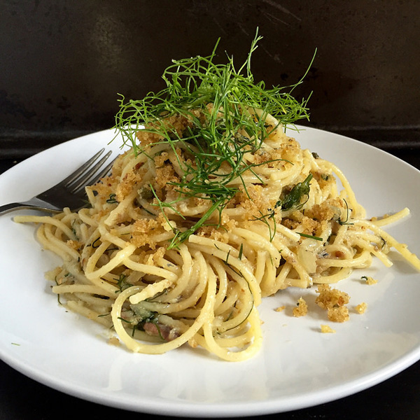 Pasta con le sarde, a traditional Christmastime pasta dish with sardines in Sicily, Italy