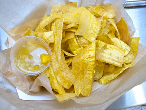 Plantain chips with mojo garlic sauce from Latin American Grill in Marlins Park, Miami