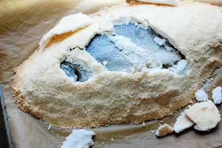 Sea bass after baking in a salt crust, a French recipe