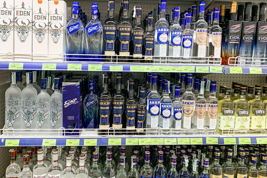 Vodka lines the shelves of a store in Ulaanbaatar, Mongolia.