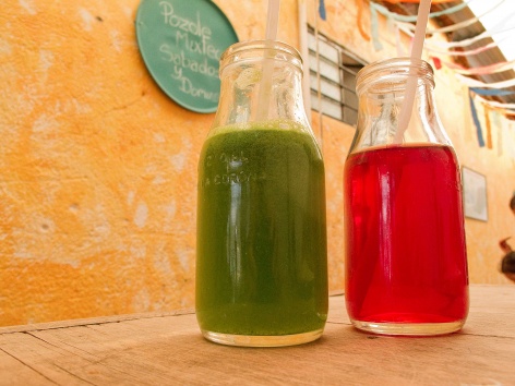 Two glasses of aguas frescas from Itanoní in Mexico City. 