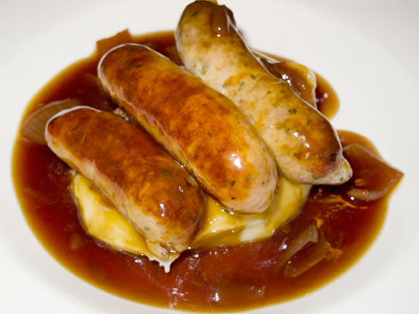A plate of bangers and mash in London, England. 