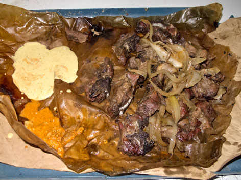 A pile of dibi or roasted meat from Mbote 2 in Dakar, Senegal. 