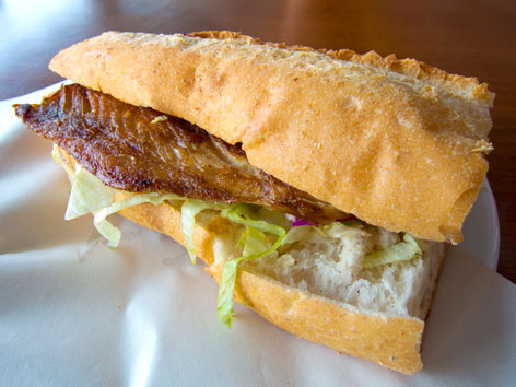 A fish sandwich, or balik ekmek, from the Galata Bridge in Istanbul, Turkey.