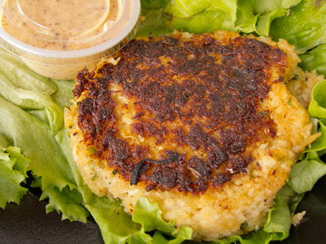 Golden crab cake from Keys Fisheries in the Florida Keys.