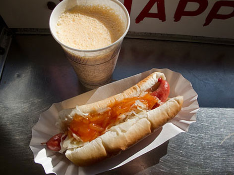 A hot dog and papaya juice from Gray's Papaya in New York City.