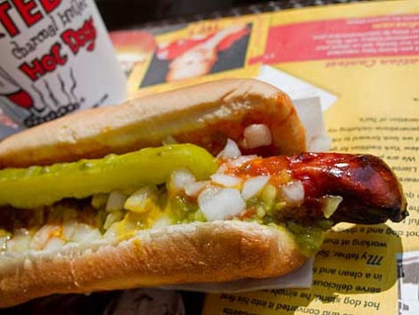Char-broiled hot dog from Ted's Hot Dogs in Buffalo, New York. 