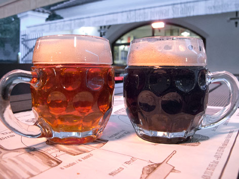 Czech beer (an IPA and a tmavé, or dark beer), from Klášterní pivovar Strahov in Prague