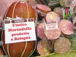 Mortadella, sold in a salumeria in Bologna, Italy