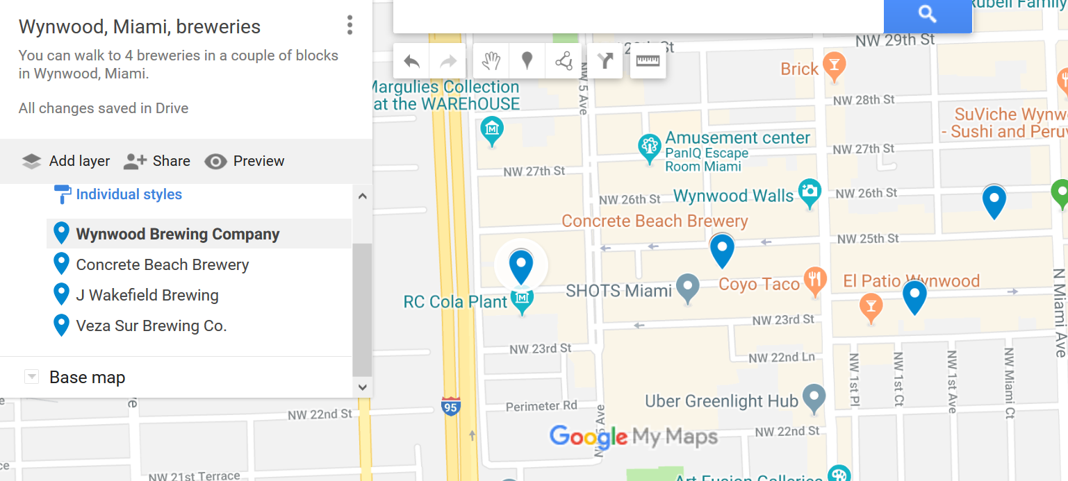 A Google map of breweries within walking distance in Wynwood, Miami.