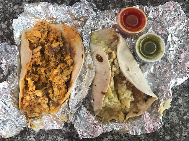 Two typical breakfast tacos in Houston