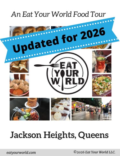 Various photos of food that can be tried on the document being sold, a self-guided food tour to Jackson Heights, Queens. Updated for 2026.