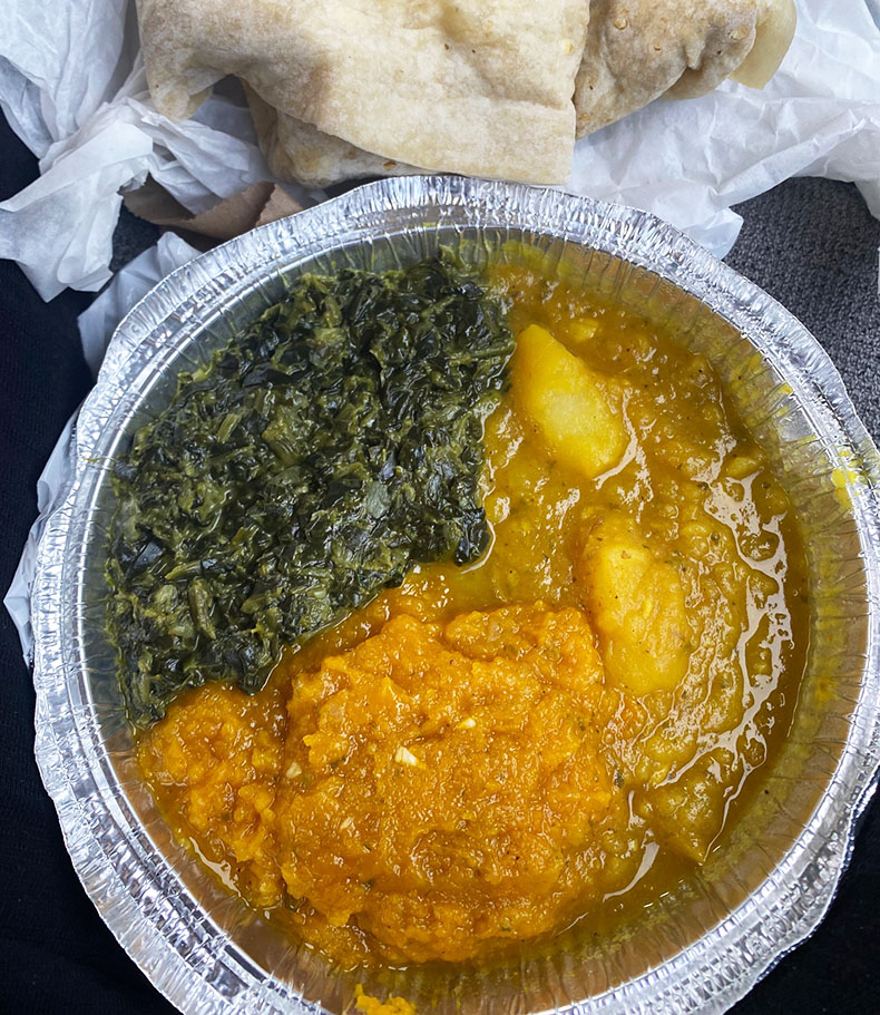 Dhal puri plus a trio of veggies (spinach, potato, and pumpkin) from a Trinidadian restaurant, Curry Tabanca, in Lake Worth, Florida.