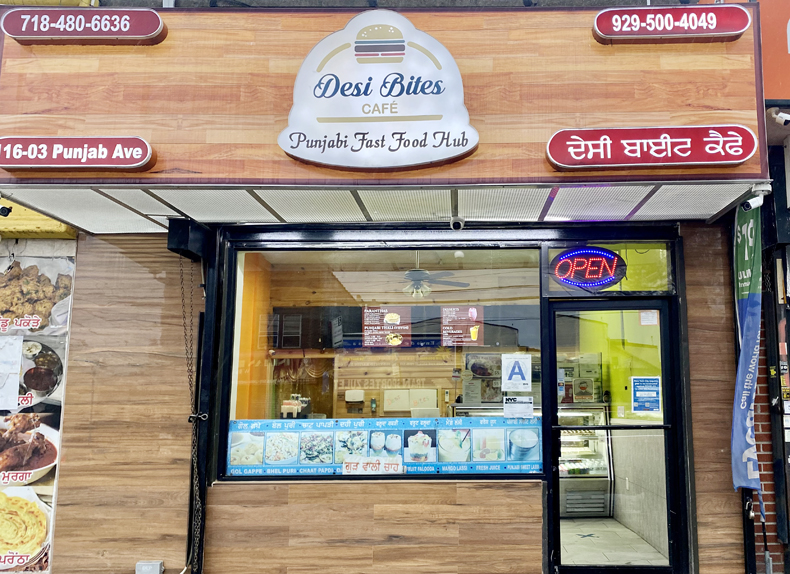 Exterior shot of Desi Bites on Punbab Avenue in Richmond Hill, Queens