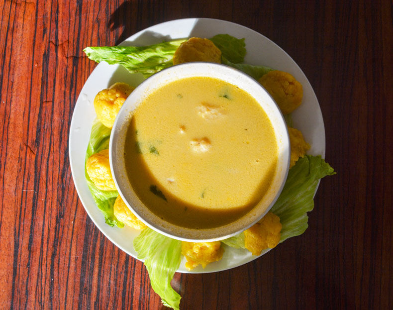 Sopa de machuca, made with mashed fried plantain, is a coastal Honduran food.