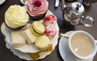 A spread of afternoon tea, with scones and sweets, from Bea's of Bloomsbury in London, England