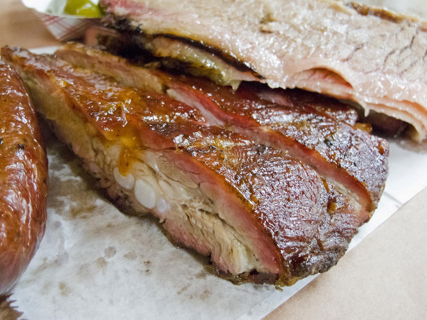 Texas-style BBQ pork ribs from Luling, Texas.