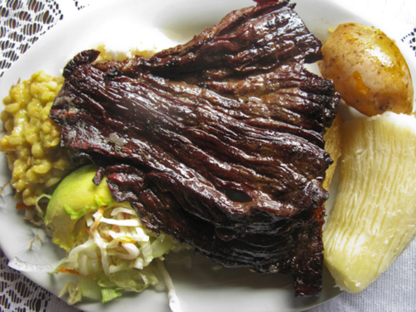 A plate of carne oreada from Restaurante La Brasa Misifu in Barichara, Colombia.