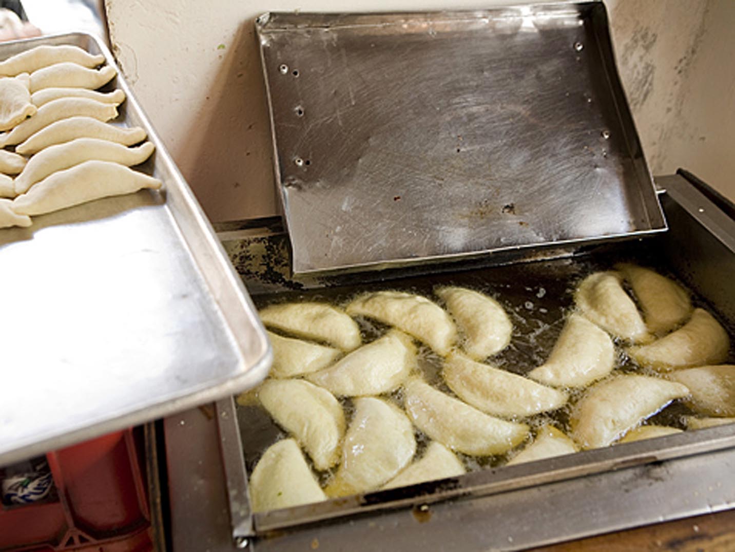 A fryer filled with empanadas from Doña Maria’s in Barichara, Colombia.