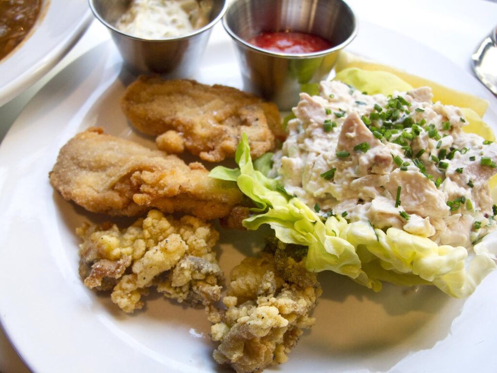Fried oysters with chicken salad from Oyster House in Philadelphia.