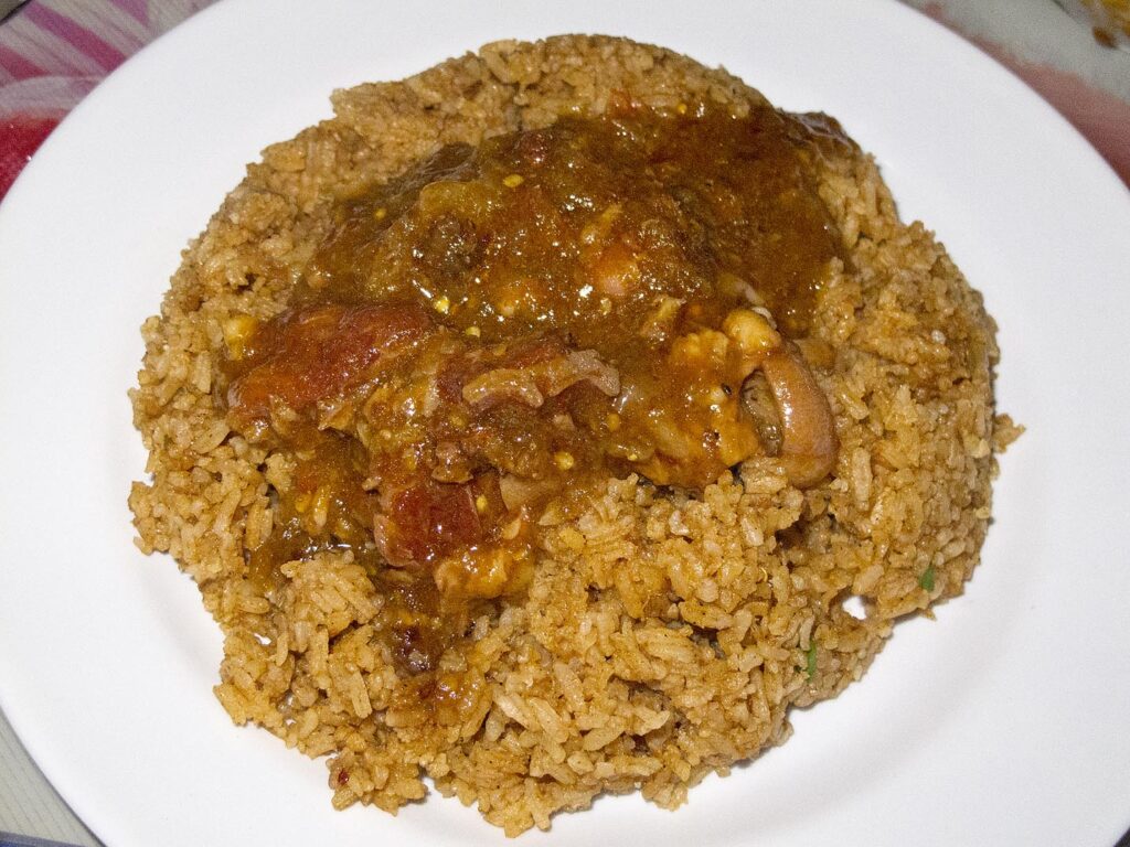A bowl of fry stew from Kambol Restaurant in Kenema, Sierra Leone.