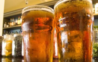 Two pints of Blue Point beer from a bar in Montauk, Long Island, New York