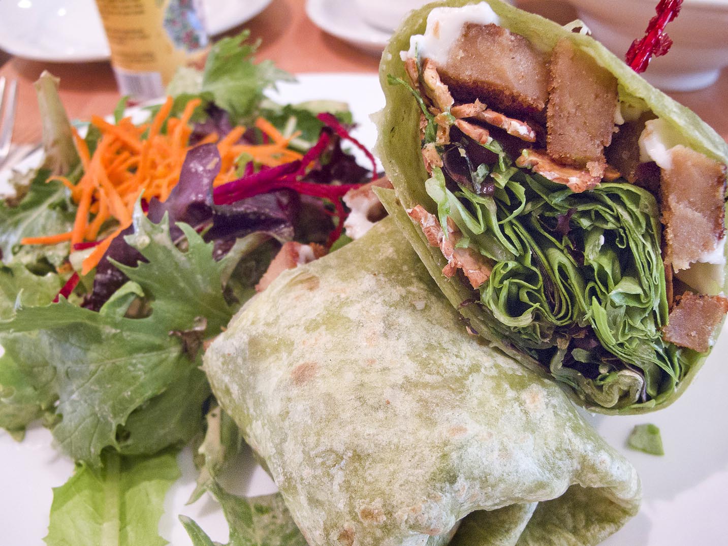 A club wrap of vegetarian ingredients from Real Food Daily in Los Angeles.
