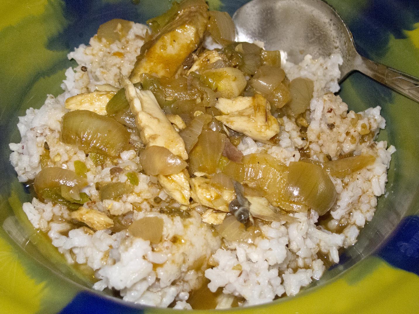 A bowl of pepper soup over local rice from Tiwaii Island in Sierra Leone.