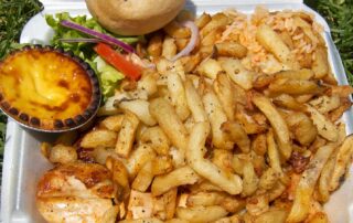 Portuguese chicken, fries, salad, and egg tart from Romados in Montreal, Quebec