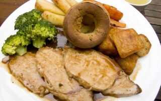 A typical Sunday roast lunch, with roast beef and Yorkshire pudding, from a pub in London, England